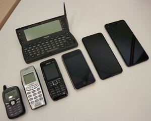 Nokia 9110i Communicator, Panasonic EB-A100, Sony CMD-J7, Nokia E51, Apple iPhone 3G, Samsung Galaxy A20e, Samsung Galaxy A70.jpg